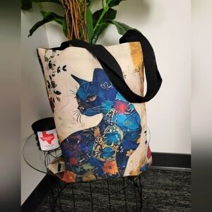 NWT Vibrant Floral Cat Canvas Tote